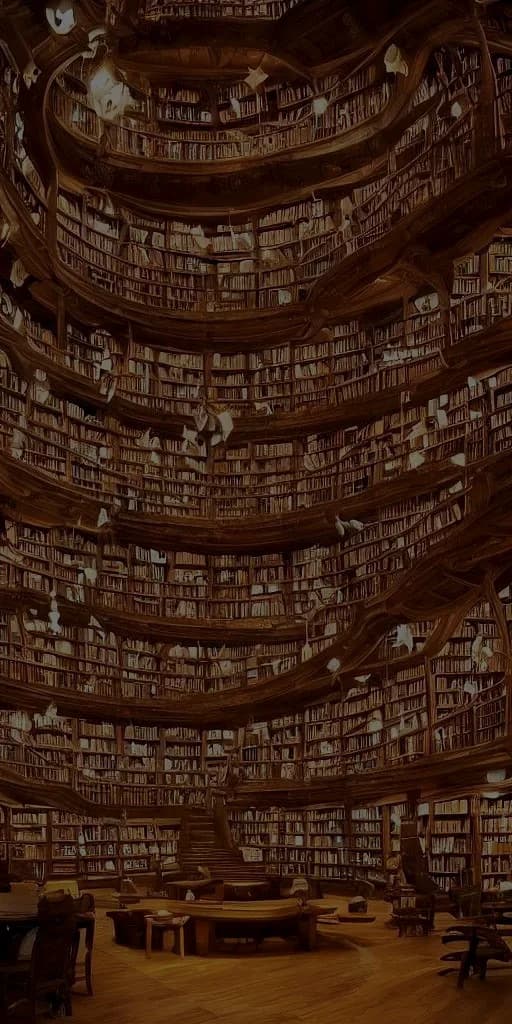 A vast multi-story wooden library, shelves rising into the dark